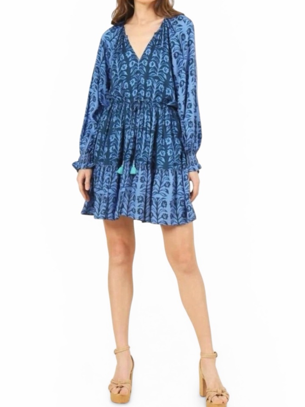 Omika Riviera Mini Dress XL Indigo Boho Kaftan Long Sleeve Resort Vacation